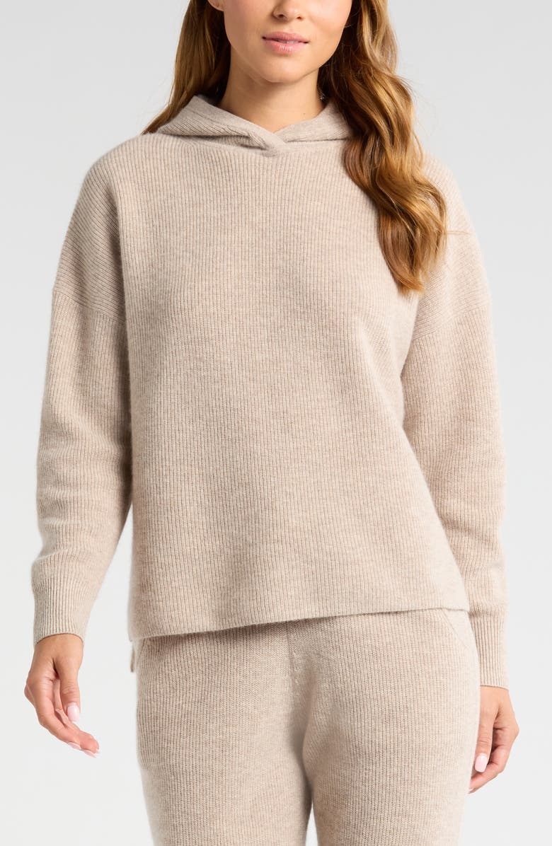 Zella Wool & Cashmere Rib Hoodie, Main, color, Tan Oxford Heather