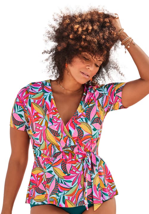 Swimsuits For All Short Sleeve Faux Wrap Tankini Top In Pink