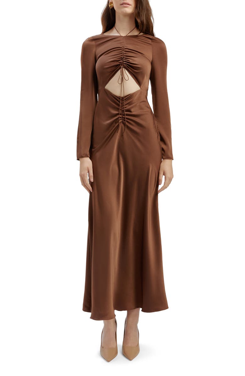 Bardot Daring Ruched Long Sleeve Cutout Midi Dress, Main, color, Chocolate