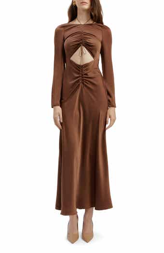 Daring Ruched Long Sleeve Cutout Midi Dress