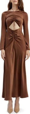 Bardot Daring Ruched Long Sleeve Cutout Midi Dress