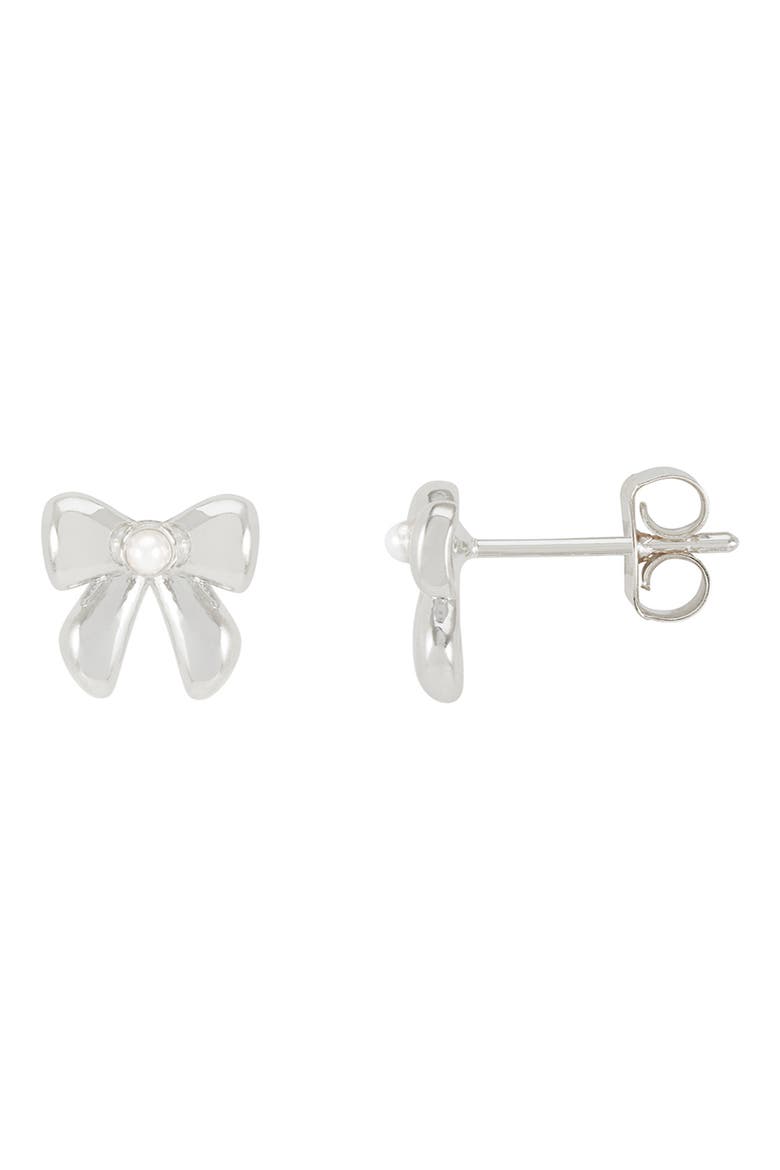 Faux Pearl Bow Stud Earrings, Main, color, SILVER