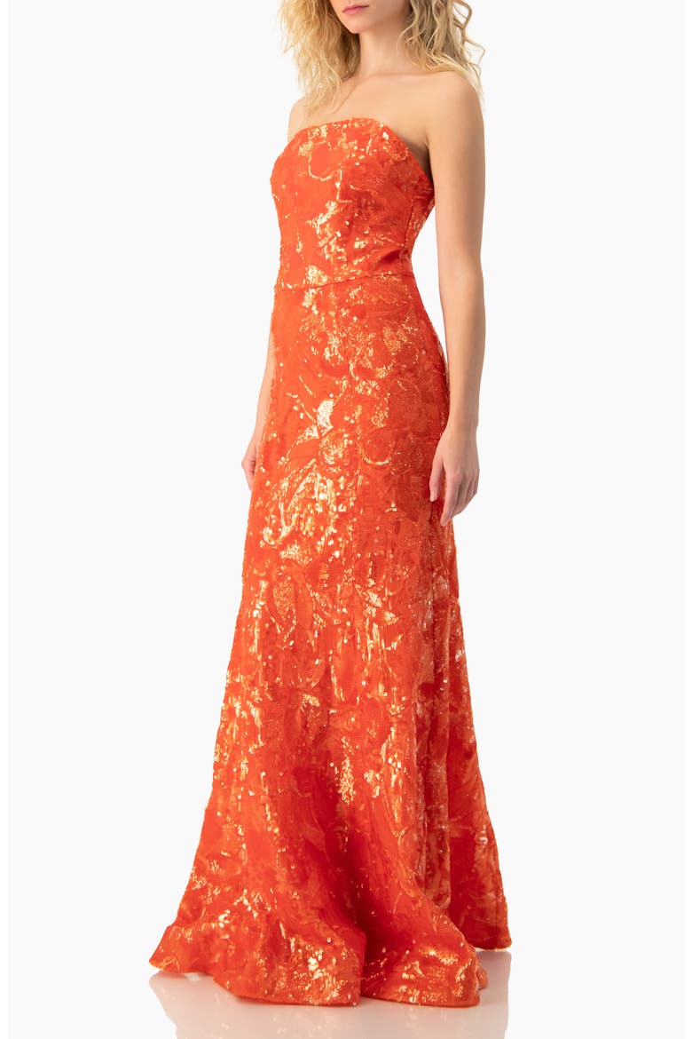 Strapless Sequin Floral Brocade Gown, Alternate, color, Orange Red