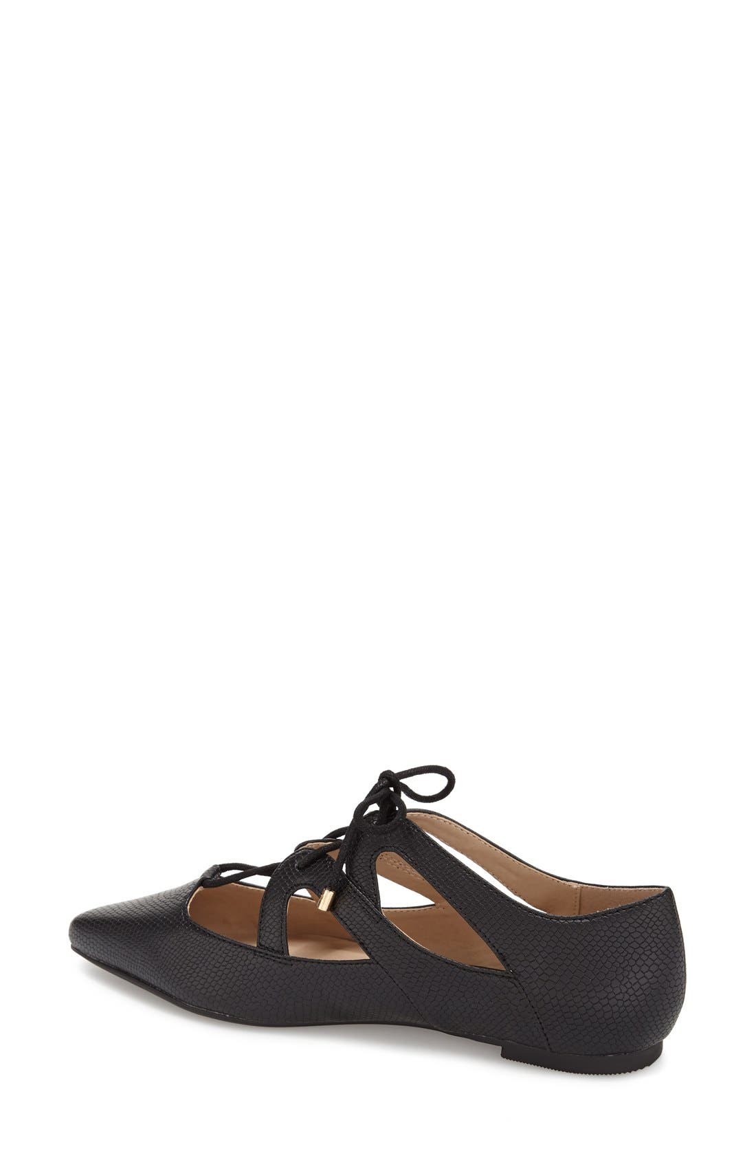 'Fickle' Pointy Toe Ghillie Flat, Alternate, color, BLACK