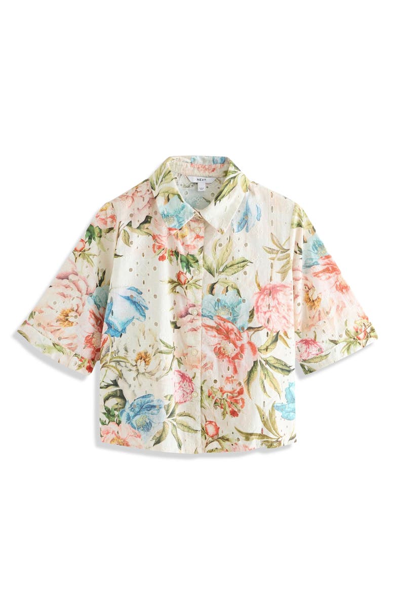 NEXT Floral Broderie Anglaise Short Sleeve Button-Up Shirt, Alternate, color, 