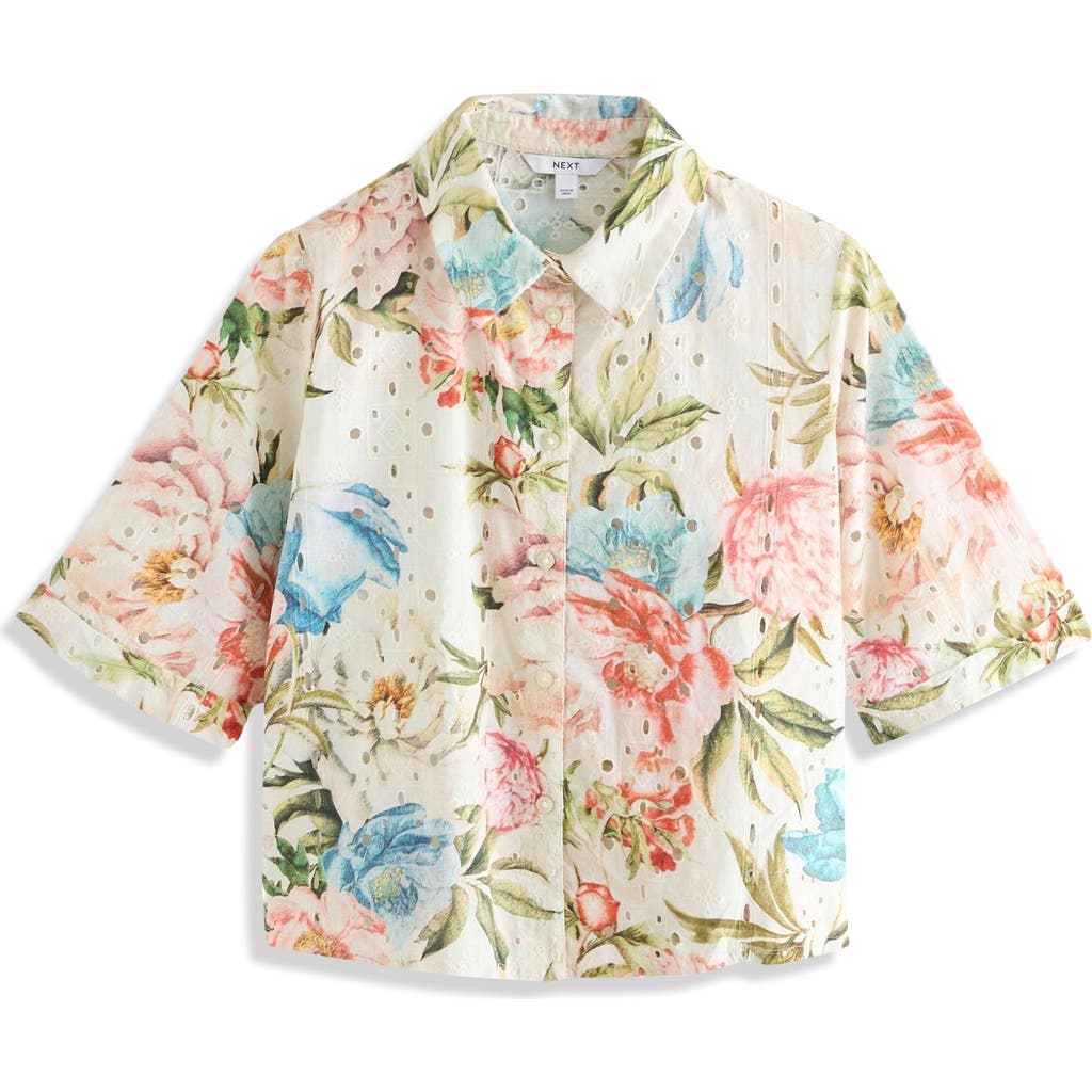 Next Floral Broderie Anglaise Short Sleeve Button-up Shirt In White