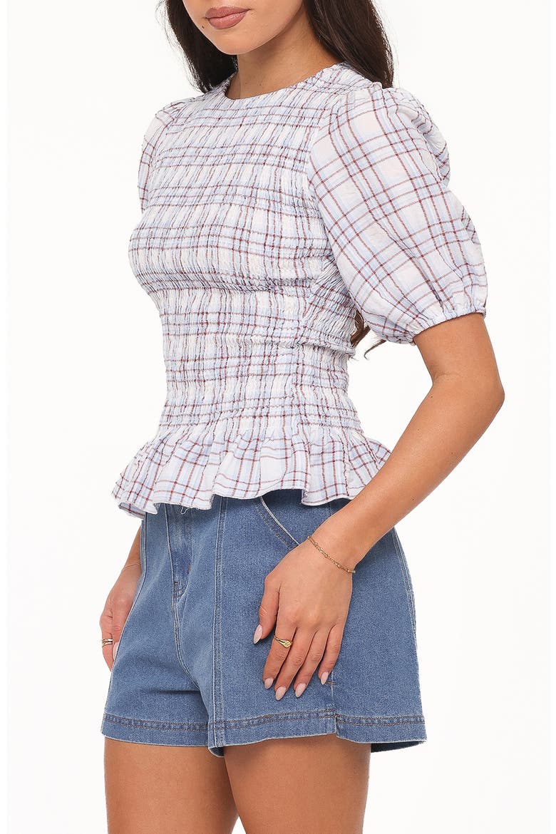 Callista Plaid Smocked Puff Sleeve Top, Alternate, color, LIGHT BLUE PLAID