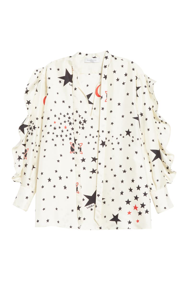 Ruffle Detail Cosmo Print Silk Blouse, Alternate, color, AVORIO/ MULTICOLOR