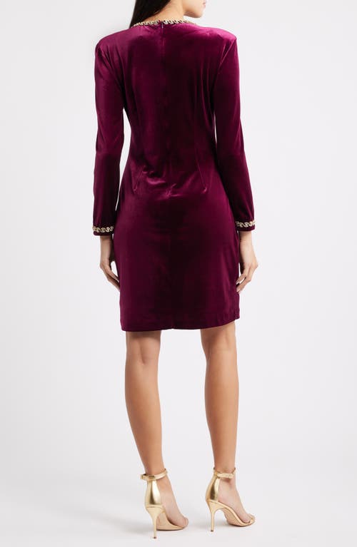 Vince Camuto Beaded Keyhole Long Sleeve Velvet Dress In Burgundy