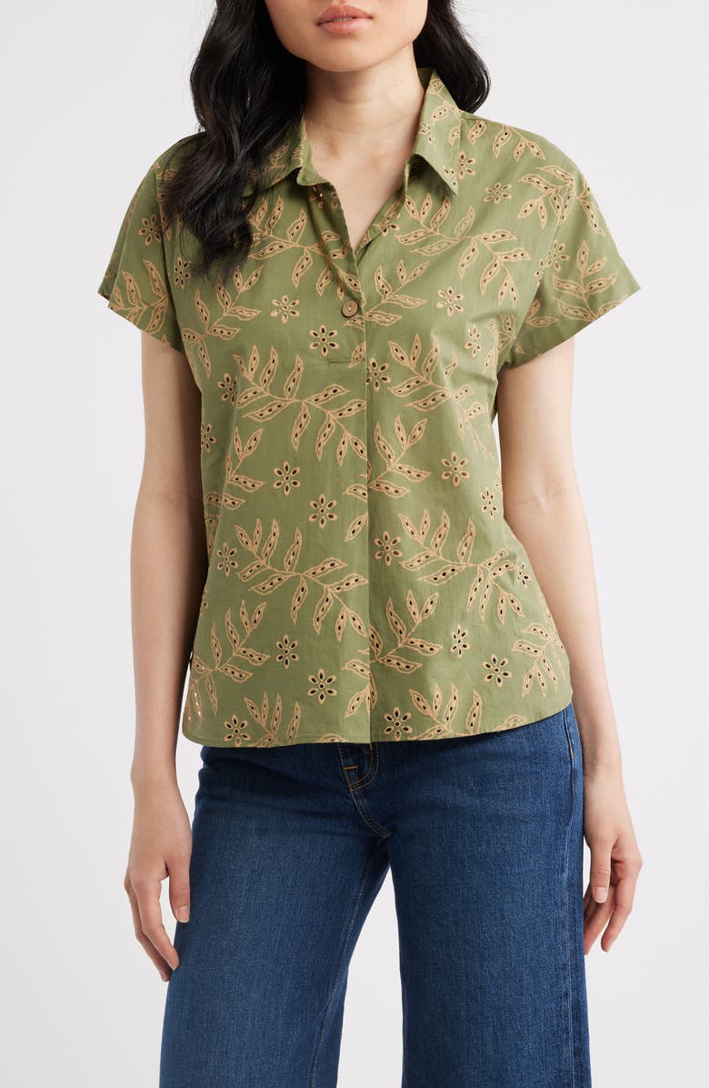 Tahari ASL Cotton Broderie Anglaise Camp Shirt, Main, color, Agave Sand