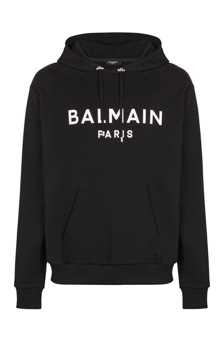 Balmain Printed cotton hoodie, Alternate, color, Black