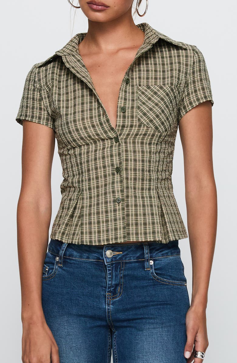 Princess Polly Alma Mater Check Cotton Button-Up Shirt, Main, color, Green Check