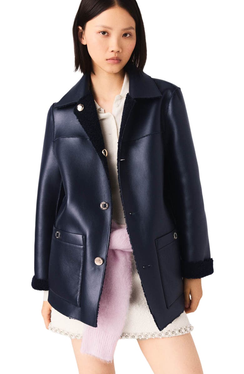 maje Reversible Faux Shearling Jacket, Main, color, Navy