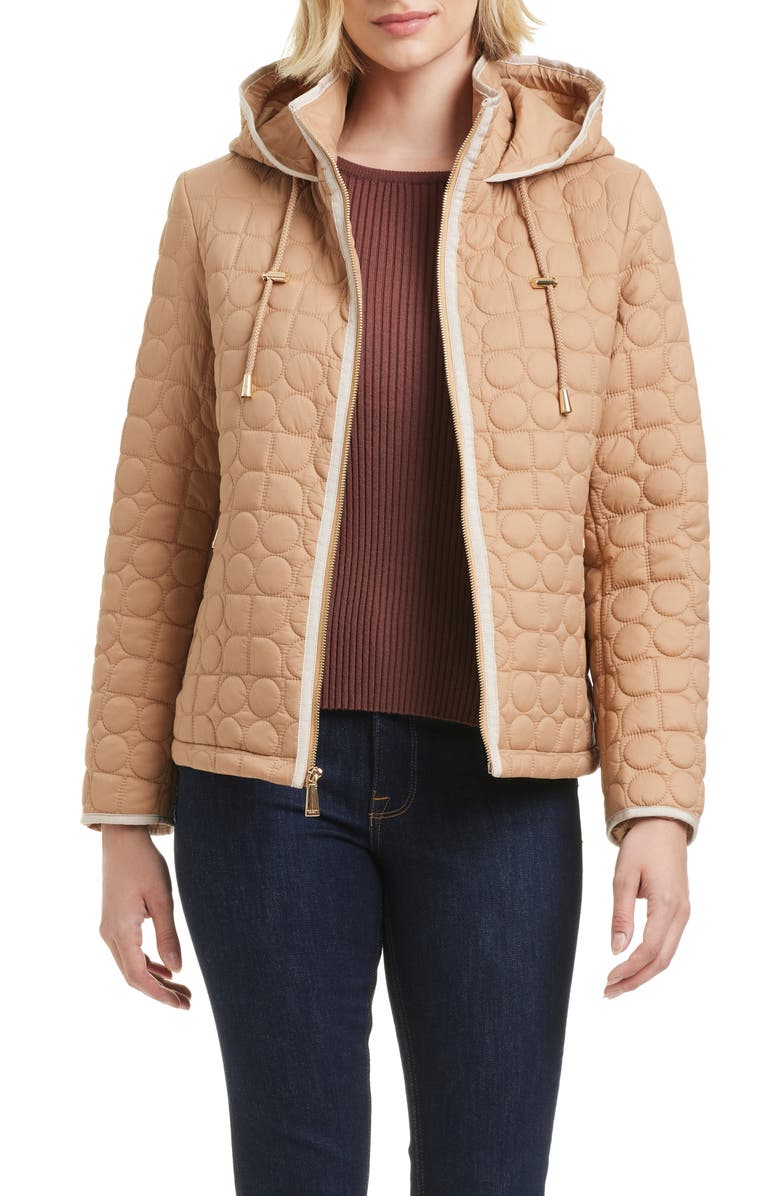 Kate Spade New York water resistant hooded quilted jacket, Alternate, color, Camel