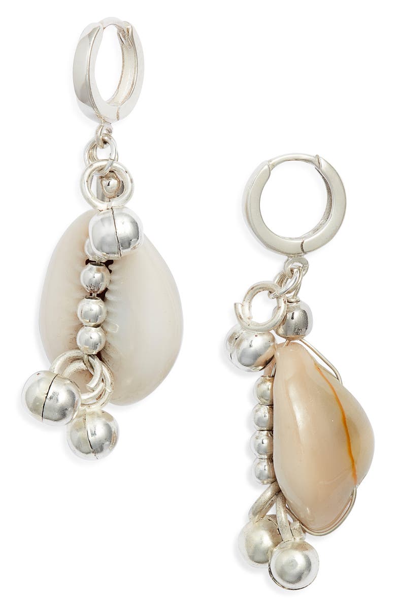 Child of Wild Lakshmi Cowrie Shell Hoop Drop Earrings, Main, color, Silver