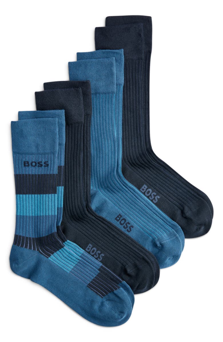 BOSS Assorted 4-Pack Stripe
Solid Ribbed Cotton Blend Dress Socks Gift Box, Main, color, Dark Blue