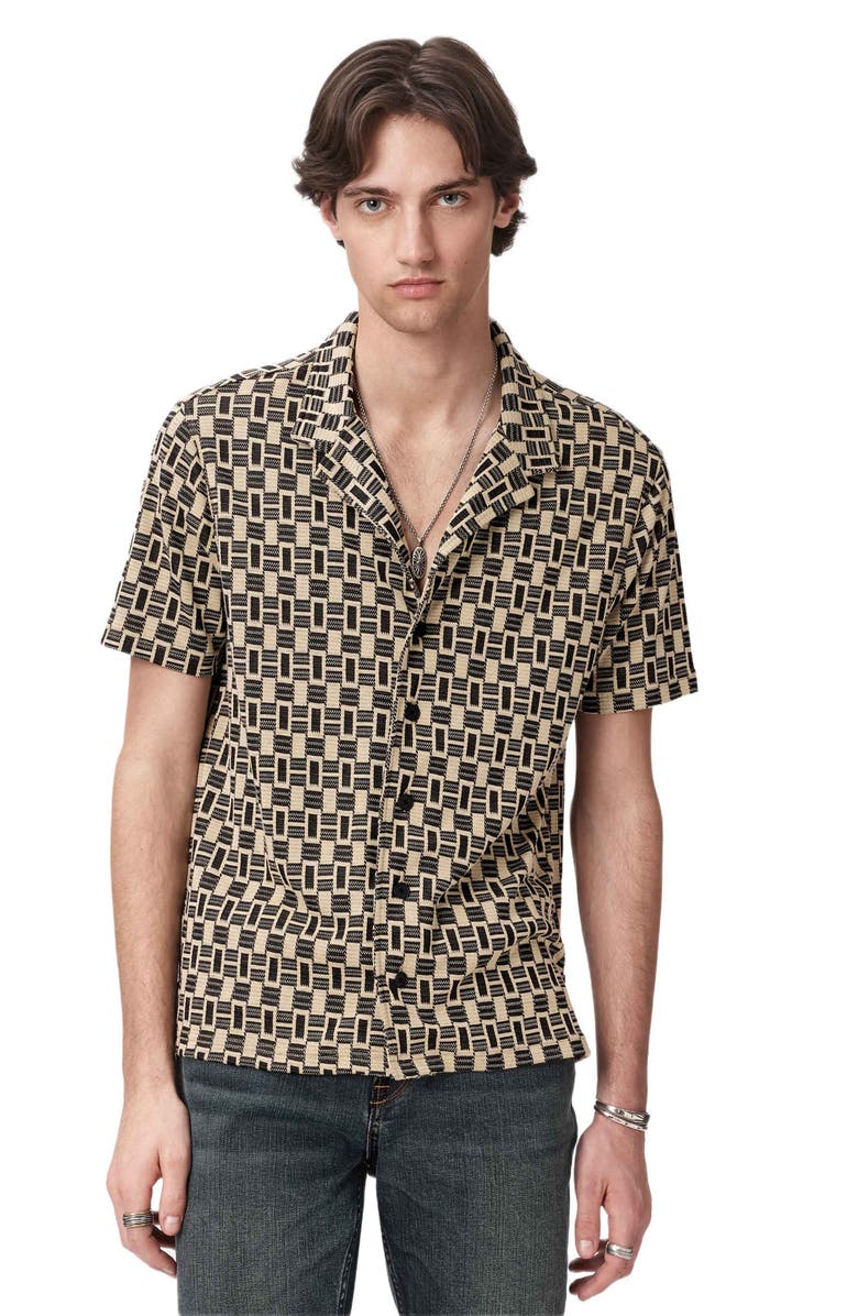 John Varvatos Geo Pattern Knit Camp Shirt, Alternate, color, Light Khaki