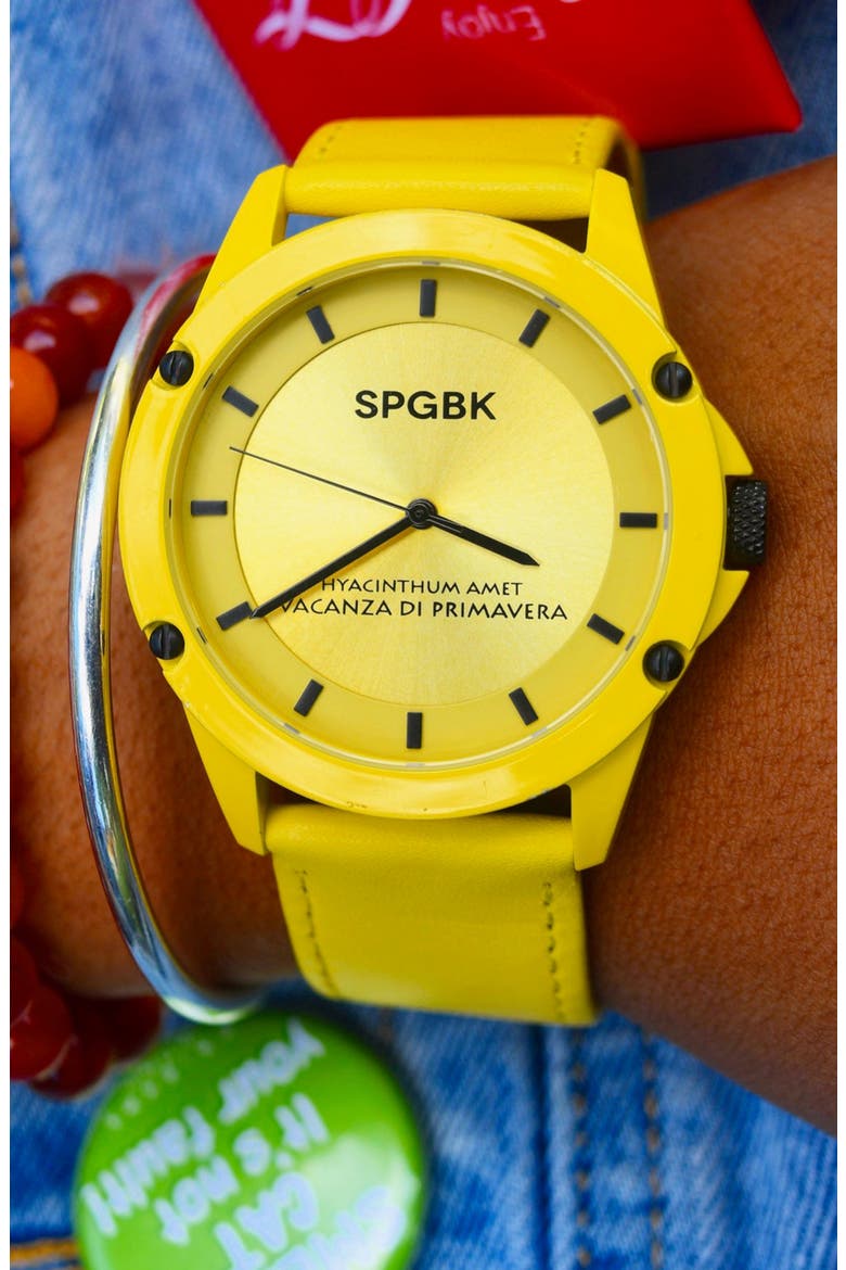 Celebration Leather Strap Watch, 44mm, Alternate, color, YELLOW