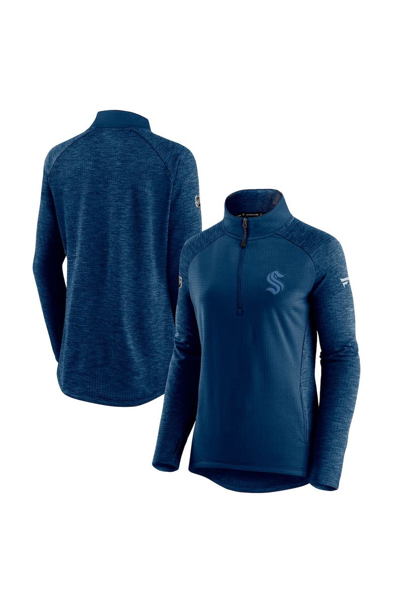 FANATICS Women's Fanatics Branded Navy/Heathered Navy Seattle Kraken Authentic Pro Travel & Training Raglan Quarter-Zip Jacket, Main, color, 