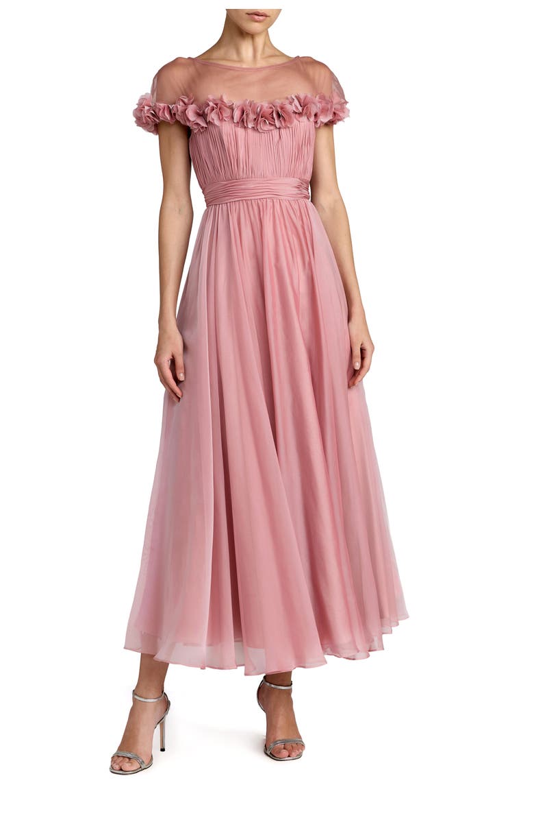 Mac Duggal Chiffon Illusion Neck Midi Dress With 3D Flowers, Main, color, Rose Gold