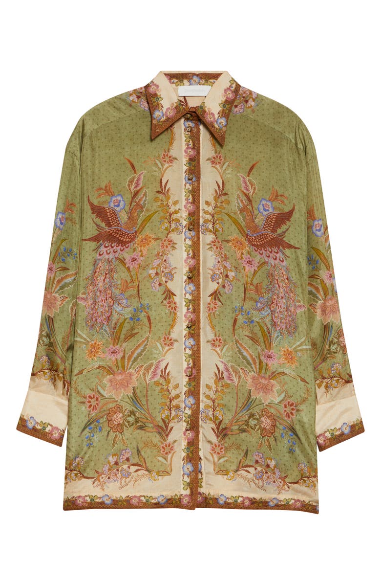 Zimmermann Indra Placed Print Relaxed Fit Silk Button-Up Shirt, Alternate, color, Khaki Scarf Floral