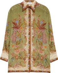 Zimmermann Indra Placed Print Relaxed Fit Silk Button-Up Shirt