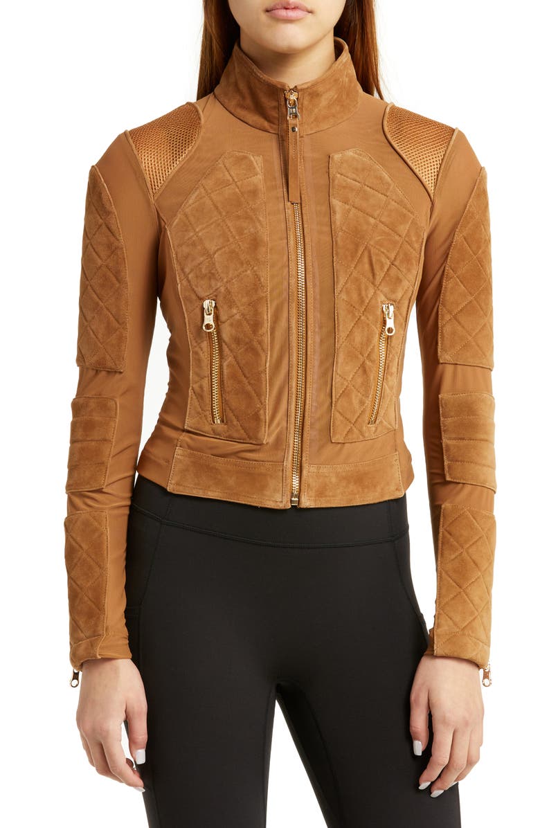 Blanc Noir Mesh Suede Moto Jacket, Alternate, color,