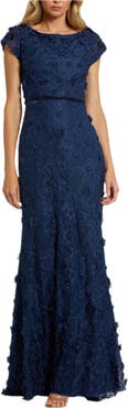 Mac Duggal Floral Applique Boat Neck Short Sleeve Gown