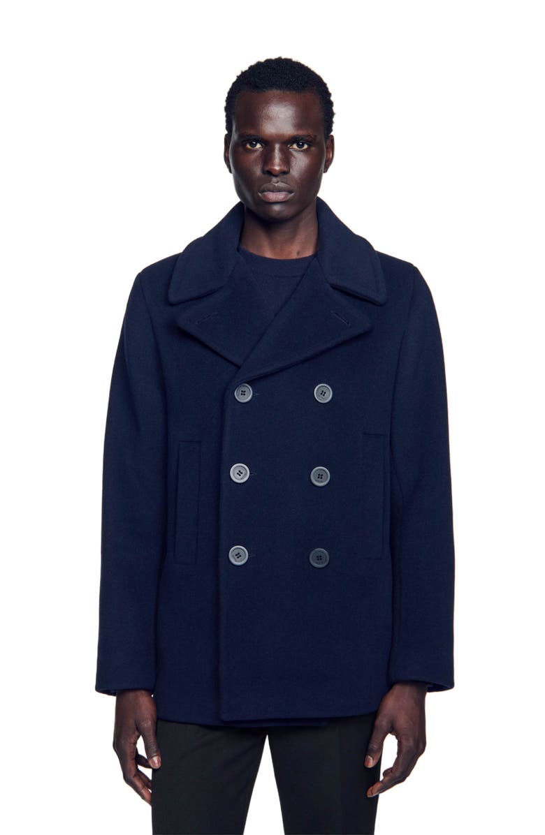 SANDRO Straight-fit wool-blend coat, Alternate, color, Navy Blue