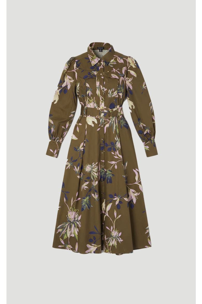Floral Cotton Sateen Midi Shirt Dress, Alternate, color, Khaki
