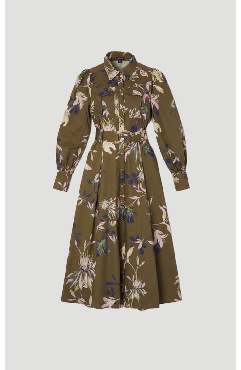Karen Millen Floral Cotton Sateen Midi Shirt Dress, Alternate, color, Khaki