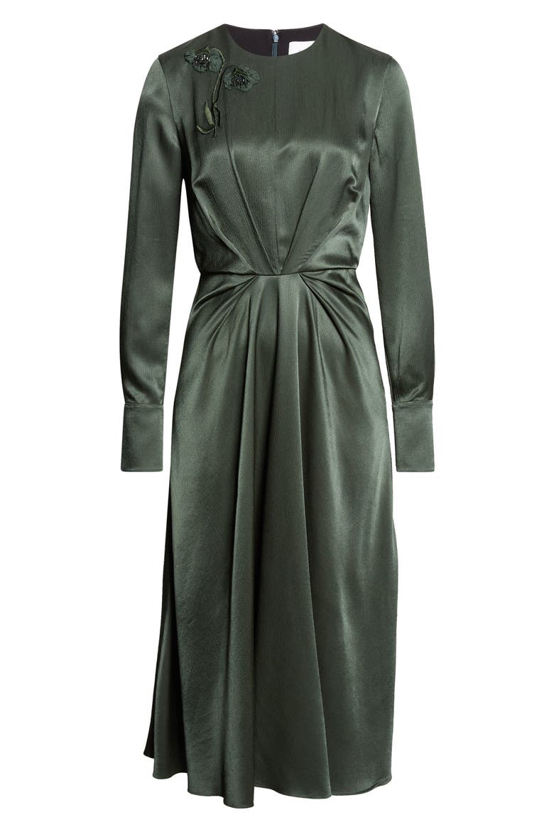 Embroidered Long Sleeve Satin Seersucker Midi Dress, Alternate, color, FOREST GREEN