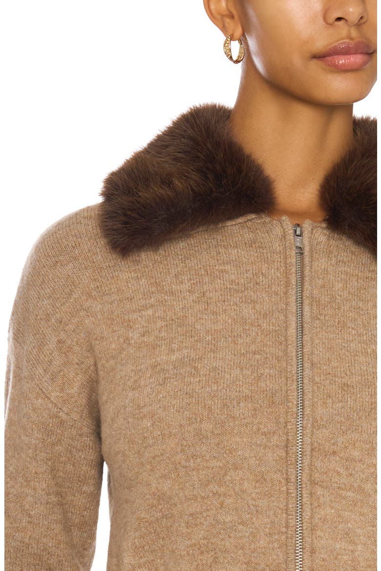 Faux Fur Collar Front Zip Cardigan, Alternate, color, TAUPE