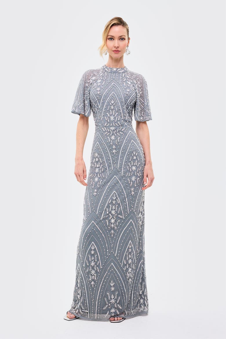 Embellished Sequins High Neck Gown, Main, color, MISTY GREY