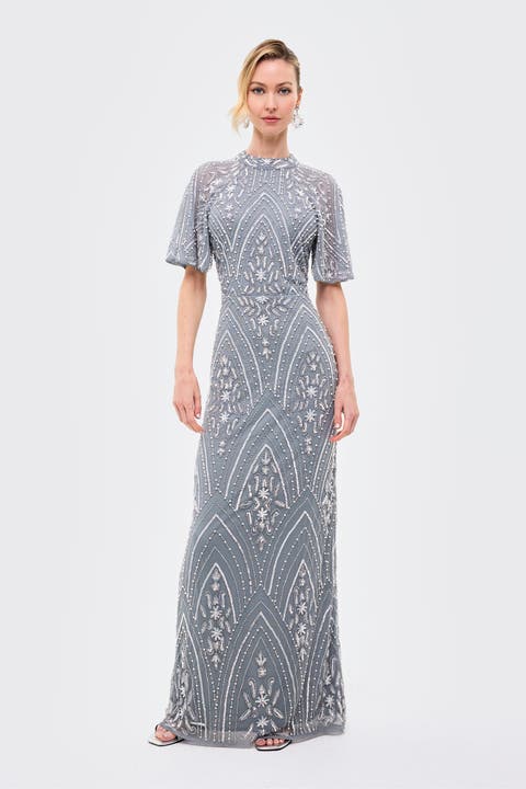 Embellished Sequins High Neck Gown