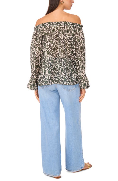 Two By Vince Camuto Floral Off The Shoulder Button-up Top In Dark Green