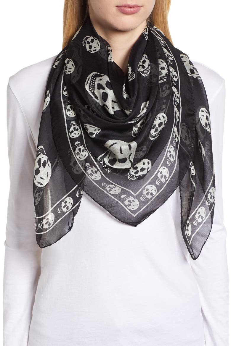 Alexander McQueen Skull Foulard Silk Scarf, Alternate, color, BLACK/ IVORY