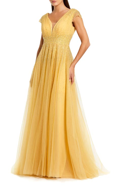 Embellished Tulle Cap Sleeve V Neck Gown