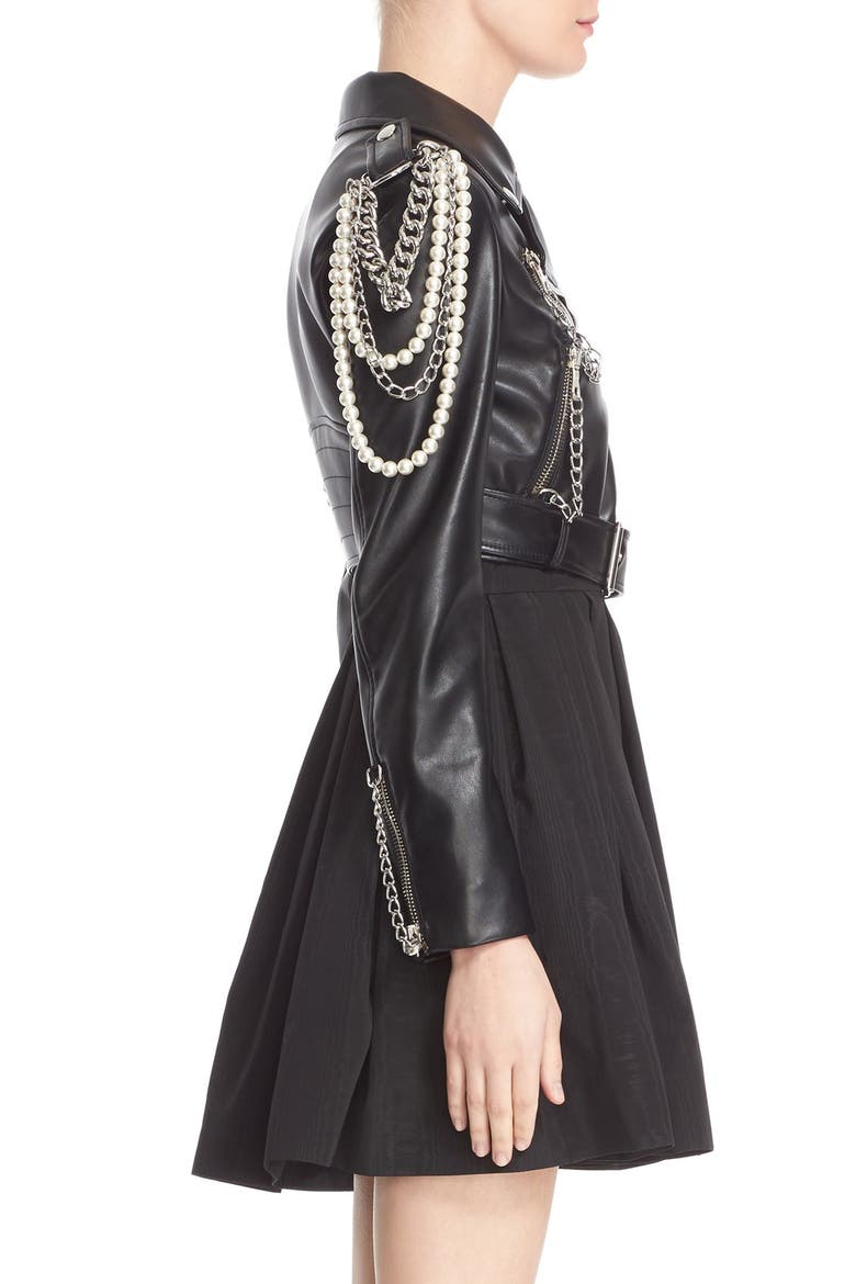 Chain & Imitation Pearl Embellished Faux Leather Jacket, Alternate, color, BLACK