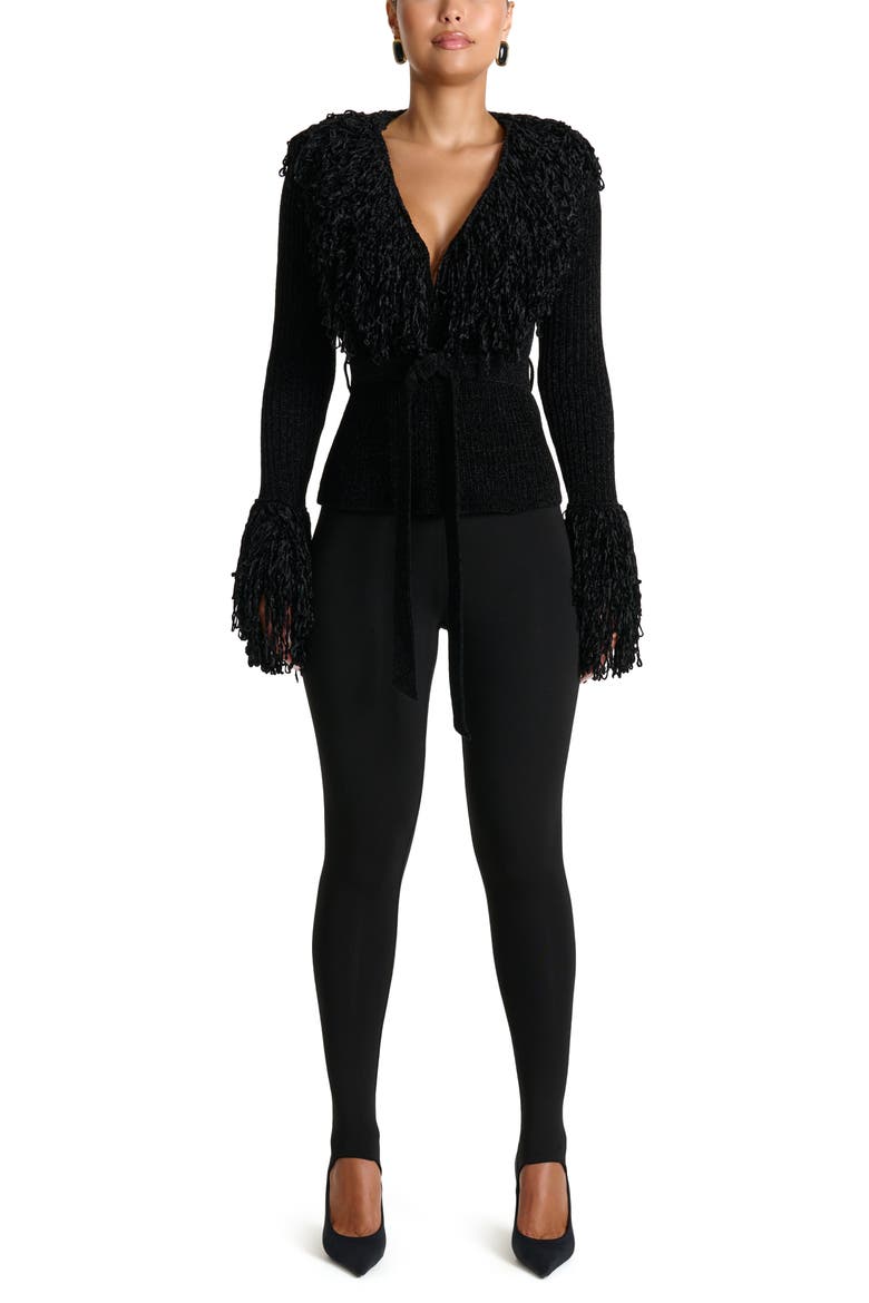 Fringe Tie Waist Chenille Cardigan, Alternate, color, BLACK