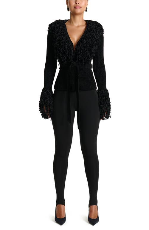 Naked Wardrobe Fringe Tie Waist Chenille Cardigan In Black