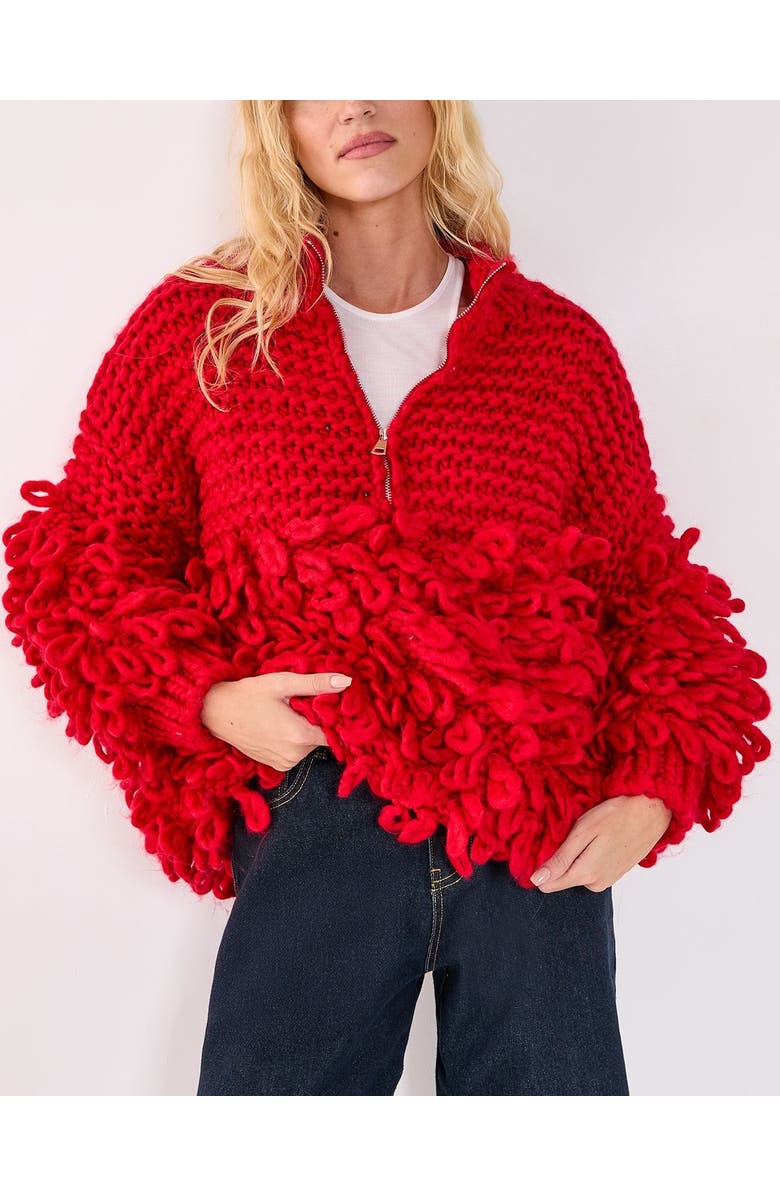 NASTY GAL Loopy Quarter Zip Sweater, Alternate, color, Red
