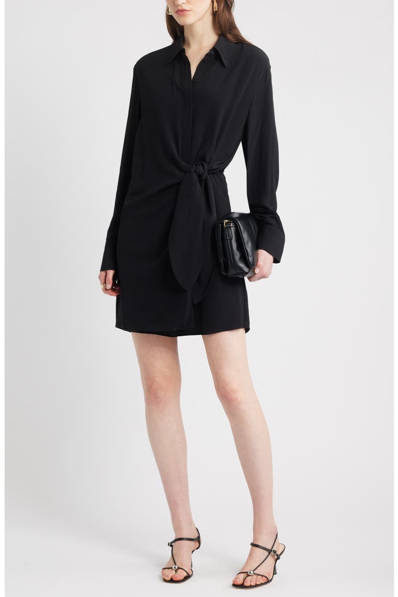 Tie Waist Long Sleeve Shirtdress, Alternate, color, BLACK