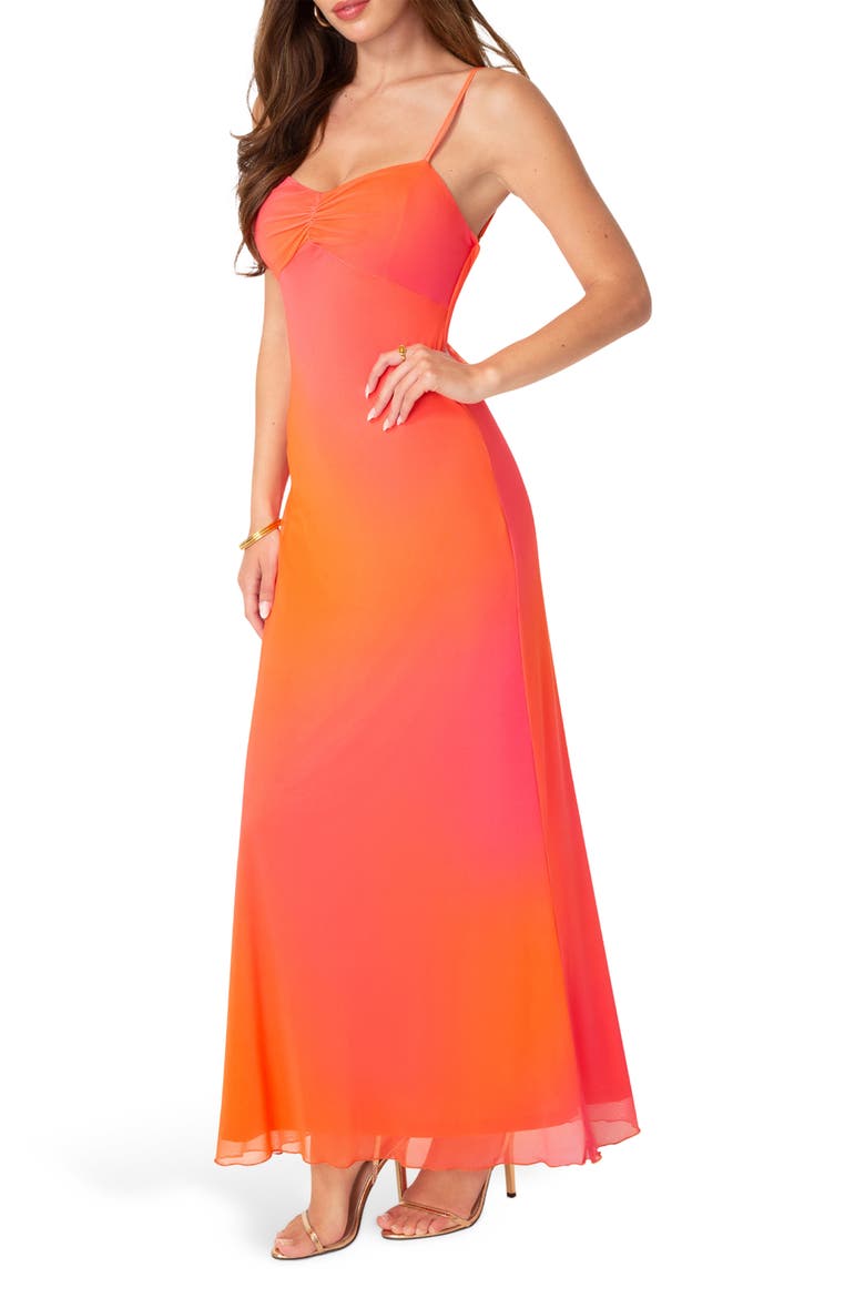 Printed Mesh Drape Back Maxi Dress, Alternate, color, ORANGE/ FUSHIA