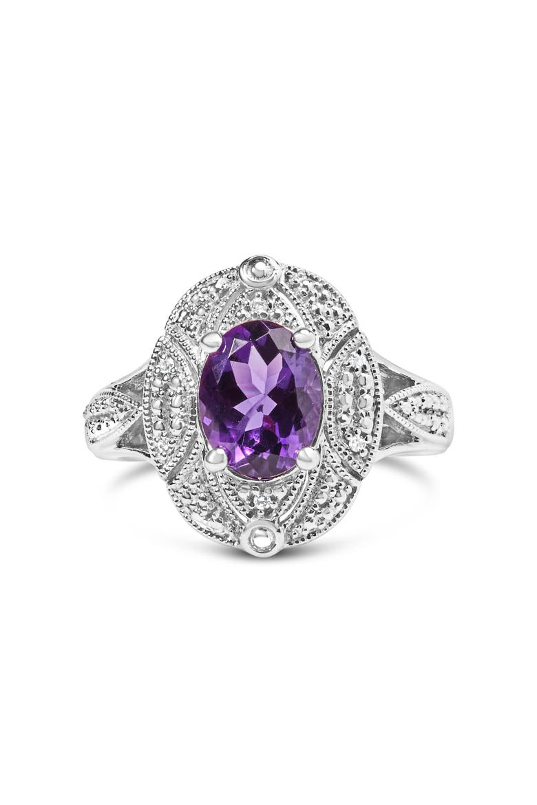 Silver 9x7mm Oval Purple Amethyst and Diamond Accent Cocktail Ring, Main, color, White