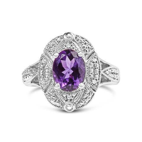 Silver 9x7mm Oval Purple Amethyst and Diamond Accent Cocktail Ring