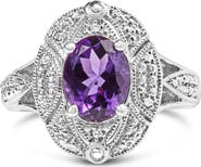 Haus of Brilliance Silver 9x7mm Oval Purple Amethyst and Diamond Accent Cocktail Ring