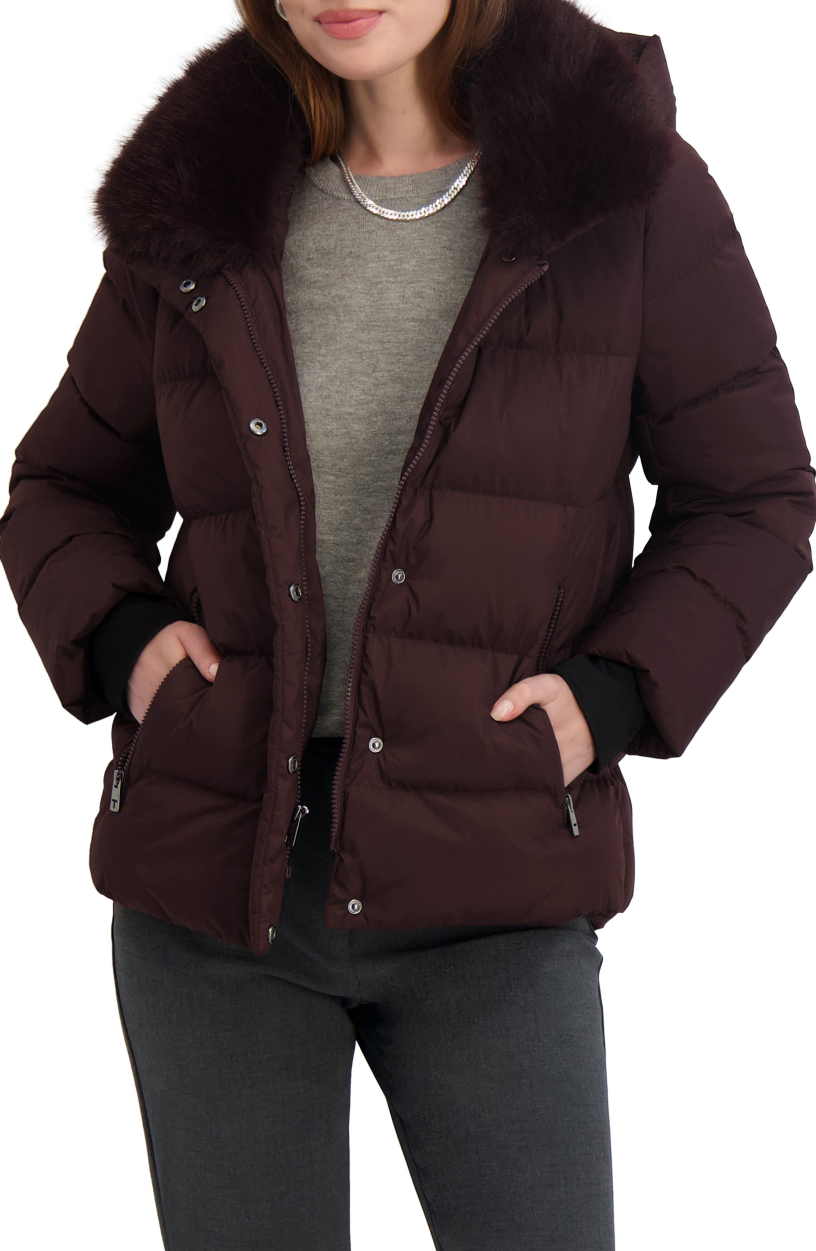 Tahari Vera Faux Fur Trim Hooded Puffer Coat