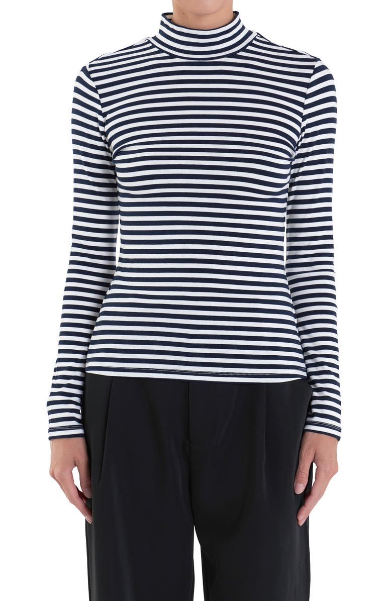 English Factory Stripe Turtleneck Top, Alternate, color, Navy/ White