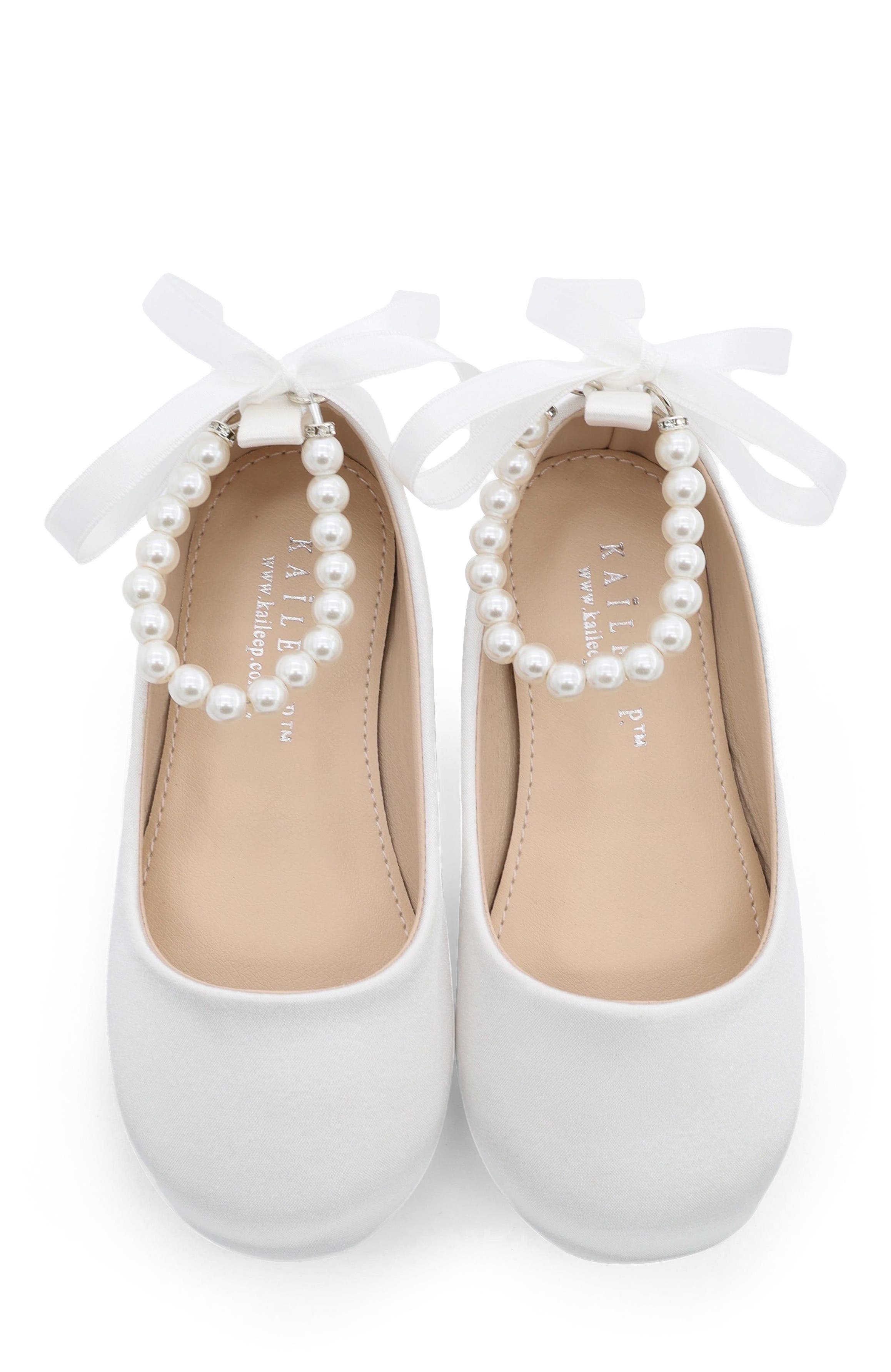 Harper Satin Girl Flats with All Pearls Strap, Alternate, color, White